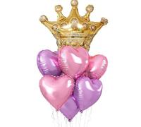 Adorely Pink Purple Princess Balloons, 7pc Set: 18Inch Pink Purple Heart & 27Inch Gold Crown Foil Balloons for Girls & Women's Birthdays, Anniversaries, Parties