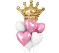 Adorely Pink White Princess Balloons, 7pc Set: 18Inch Pink White Heart & 27Inch Gold Crown Foil Balloons for Girls, Women, Princess Lovers - Birthday, Anniversary, Wedding Party Decorations