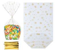 Adorfine 100 Pack Snowflakes Gold Clear 14.5x23.5cm Cellophane Bags Food Gift Plastic Candy OPP Bags with 100Pcs Twist Ties for Snack Wrapping & Festival Gift Package