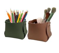 Adorila 2 Pack Leather Pencil Pen Holder, Makeup Brush Holder Organizer, Desk Accessories Storage for Office Desk Home Decorative (Green, Brown)