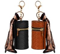Adorila 2 Pack Lipstick Organizer Case - Boho Braided Vegan Leather with Scarf Accent, Cylindrical Lip Gloss Travel Holder with Zipper and Keychain Hook (Black & Brown Set)