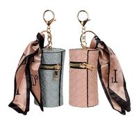 Adorila 2 Pack Lipstick Organizer Case - Boho Braided Vegan Leather with Scarf Accent, Cylindrical Lip Gloss Travel Holder with Zipper and Keychain Hook (Blue & Pink Set)