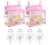 Adorila 2 Pack Mesh Bath Organizer, Kids Bathroom Toy Storage Holder with Hooks, Bottom Zipper Toy Bag for Bathtub (Pink)