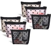 Adorila 6 Pack Mini Mesh Makeup Bags, Heart Print Zipper Mesh Storage Pouch, Travel Cosmetic Accessories Organizer for Women (Black, Beige, Pink)