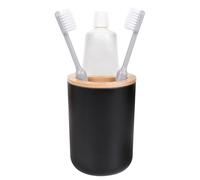 Adorila Black and Wood Toothbrush Holder - Round Bamboo & Plastic Bathroom Organizer - Small Toothpaste Caddy - Modern Decor