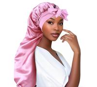 Adorila Extra Long Satin Bonnet, Adjustable Tie Band Sleeping Cap, Pink | 68 cm Long, Stay-On Breathable Satin Wrap for Braids and Dreadlocks, Low-Friction Edge Guard