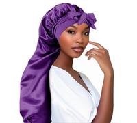 Adorila Extra Long Satin Bonnet for Women, Adjustable Braid Bonnet with Tie Band, Double Layer Elastic Silk Headwear, Purple, One Size