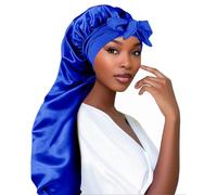 Adorila Extra Long Satin Bonnet for Women, Adjustable Braid Bonnet with Tie Band, Double Layer Elastic Silk Bonnet for Braids Hair Sleeping Cap (Blue)