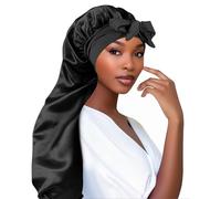 Adorila Extra Long Satin Bonnet for Women, Adjustable Braid Bonnet with Tie Band, Double Layer Elastic Silk Cap, Black, One Size