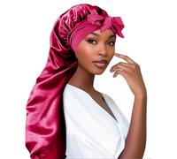 Adorila Extra Long Satin Bonnet for Women, Adjustable Braid Bonnet with Tie Band, Double Layer Elastic Silk Bonnet, Rose Red, One Size