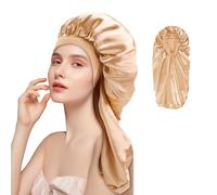 Adorila Long Satin Bonnet for Women, Double Layer Silk Bonnet with Stretchy Band, Sleeping Cap with Button for Braids Curly Hair (Gold), Gold, One Size