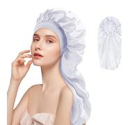 Adorila Long Satin Bonnet for Women, Double Layer Silk Bonnet with Stretchy Band, Sleeping Cap with Button for Braids Curly Hair (Silver)
