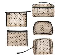 Adorila Mesh Makeup Bags, Heart Print Zipper Mesh Storage Pouch, Travel Cosmetic Accessories Organizer for Women, 5 Pack-beige