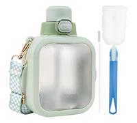 Adorila Square Water Bottle with Straw, Travel Transparent Canteen with Adjustable Strap, Leakproof Water Cup for Office School (Green, 700ml)