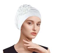 Adorila Stretch Turban Hats for Women, Beanie Headscarf Elastic Hats, Fashion Flower Knot Pre Tied Head Cap for Keep Hair Style Cap, Sleep Hat (White), White, One Size