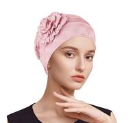 Adorila Women's Stretch Turban Hat - Pre-Tied Flower Knot Head Wrap, Soft Elastic Beanie Sleep Cap for Daily Wear or Hair Covering, Pink