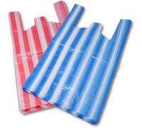 Adorn Packaging Candy Stripe Vest Carrier Shopping Bags with Handles - Strong Plastic Shopping Carrier Bags for Food, Storage & More -10 x 15 x 18 Inches (Blue & White - Pack of 100)