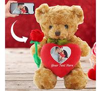 ADORSUN Personalised Teddy Bear with Photo and Custom Text on Heart, Stuffed Animals Valentine Teddy Bear with Rose as Im sorry gifts for Her/Him on Valentine/Anniversary/Birthday (10 IN-Red Heart)