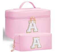 Adoryoung Initial Makeup Bag, 2pcs Initial Makeup Cosmetic Toiletry Bags for Women Girls, Leather Custom Monogram Personalized Cosmetic Bag, Birthday Gifts for 4 5 6 7 8 9 10 11 12 Year Old (A)