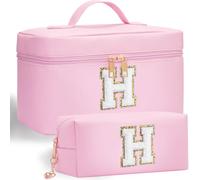 Adoryoung Initial Makeup Bag, 2pcs Initial Makeup Cosmetic Toiletry Bags for Women Girls, Leather Custom Monogram Personalized Cosmetic Bag, Birthday Gifts for 4 5 6 7 8 9 10 11 12 Year Old (H)