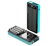 ADOTEM Portable Solar Power Bank with Built-in Cables - 10,000mAh Cell Phone Battery Charger with USB, Micro USB, Lightning, and Type-C Cables, Waterproof Build & Wireless Charging (Black Blue)