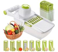 ADOV All in 1 Mandoline Slicer, Fruit and Vegetable Slicer, Multi Function Veg Cutter, Interchangeable Stainless Steel with Food Container, Hand Protector, Julienne Slice for Potato Onion (Lime)