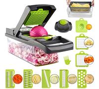 ADOV Vegetable Chopper, Multi-Function Kitchen Mandoline Slicer, 7 Replaceable Stainless Steel Vegetable Cutter with Egg Divider, Safety Guard, Julienne Grater for Onion Potato Fruits - Grey