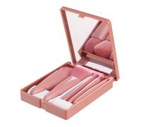 AdOvz Easy Travel Mini Makeup Brush Set, Fully Functional Small Makeup Brush Set With Box and Mirror for On-The-Go Use (Pink)