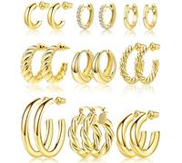 Adoyi 9 Pairs Gold Hoop Earrings Set for Womens Twisted Huggie Hoops Earrings 14K 18K Gold Plated for Girls Valentines Mother's Day Birthday Gifts Lightweight, 12MM, Copper, No Gemstone