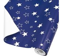 ADQUATOR 12m×44cm White Star Navy Blue Wrapping Paper Roll,100% Recyclable For Birthday Present Party Christmas Decorations(44cm×12m)