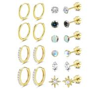 Adramata 10 Pairs Stud Earrings for Women Men Surgical Steel Flat Back Earrings Hypoallergenic 14K Gold Silver Small Cartilage Huggie Hoop Earrings Tiny CZ Opal Ball Sun Flatback Stud Earrings Set 20G