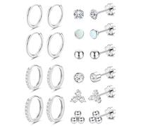 Adramata 10 Pairs Stud Earrings for Women Men Surgical Steel Flat Back Earrings Hypoallergenic 14K Gold Silver Small Cartilage Huggie Hoop Earrings Tiny CZ Opal Ball Sun Flatback Stud Earrings Set 20G
