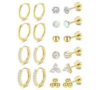 Adramata 10 Pairs Stud Earrings for Women Men Surgical Steel Flat Back Earrings Hypoallergenic 14K Gold Silver Small Cartilage Huggie Hoop Earrings Tiny CZ Opal Ball Sun Flatback Stud Earrings Set 20G