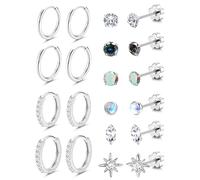 Adramata 10 Pairs Stud Earrings for Women Men Surgical Steel Flat Back Earrings Hypoallergenic 14K Gold Silver Small Cartilage Huggie Hoop Earrings Tiny CZ Opal Ball Sun Flatback Stud Earrings Set 20G
