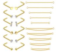 ADRAMATA 12Pcs Nose Stud 10Pcs Nose Chain Piercing Surgical Steel Nose Rings with Nose Chain for Double Nose Piercing 20G Nose Studs Silver Nose Piercings for Women Men