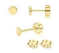 Adramata 2Pcs Titanium Stud Earrings for Women Men Flat Back Earrings 14K Gold Titanium Earrings Tiny CZ Ball Cartilage Earring Tragus Helix Piercing Jewellery Push in Titanium Earrings 2/3/4MM