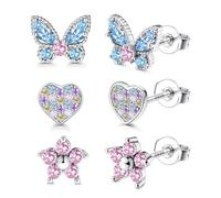 Adramata 3 Pairs 925 Sterling Silver Stud Earrings for Girls Women Hypoallergenic Earring Studs Tiny Star Heart Flower Butterfly Earring 925 Silver Kids Earrings for Girls Jewellery