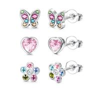 Adramata 3 Pairs 925 Sterling Silver Stud Earrings for Girls Women Hypoallergenic Earring Studs Tiny Star Heart Flower Butterfly Earring 925 Silver Kids Earrings for Girls Jewellery