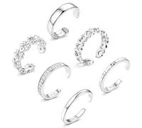 ADRAMATA 6 Pcs 14K Gold Filled Toe Rings for Women Non Tarnish Silver Adjustable Simple Open Band Hug CZ Chunky Flower Stacking Toe Rings Set Summer Beach Foot Jewellery for Women