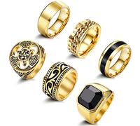 Adramata 6 Pcs Mens Rings Stainless Steel Rings Band Rings Celtic Knot Rings Cool Biker Rings Gothic Men's Rings Set Vintage Viking Rings Silver Gold Signet Rings for Men