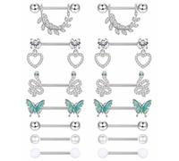 ADRAMATA 7 Pairs 14G Nipple Bars for Women, Surgical Steel Nipple Piercing Jewelry, Cute CZ Ball Heart Butterfly Snake Nipple Tongue Bars Body Piercing Jewelry,S
