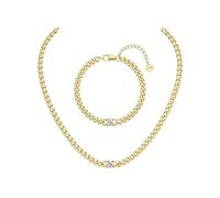 ADRAMATA Cuban Chain Necklace Bracelet Set for Women Men, 14K Gold Plated & Silver Cuban Link Chain, Stainless Steel CZ Bracelets, Waterproof 4.5MM Necklaces, 40/45/50CM Adjustable Length