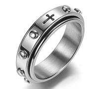 Adreamz 6mm/8mm Black Silver Rosary catholic Spinner Ring for Anxiety Relief Fidget with Beads Cross Lord Prayer Stainless Steel Ring, Metal, No Gemstone