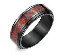 Adreamz 8mm Black Stainless Steel Anxiety Ring for Women Men Fidget Spinner Ring Beveled Edge Red Celtic Dragon Inlay Comfort Fit Wedding Band, 5.5 UK, Stainless Steel, No Gemstone