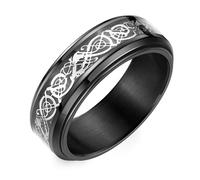 Adreamz 8mm Black Stainless Steel Anxiety Ring for Women Men Fidget Spinner Ring Beveled Edge Red Celtic Dragon Inlay Comfort Fit Wedding Band, 8 UK, Stainless Steel, No Gemstone