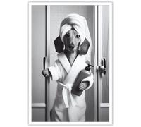 ADRHGCY Funny Cute Dachshund Posters Petshop Humor Dog Wall Art Animal In Toilet Dachshund Dog Holding Shower Gel Prints Painting For Bathroom Home Bedroom Dorm Wall Decor 24x36in Unframed