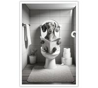 ADRHGCY Funny Dachshund Posters Petshop Wall Art Animal In Toilet Sitting On Toilet And Reading Newspaper Prints Painting For Bathroom Home Bedroom Dorm Wall Decor 16x24in Unframed
