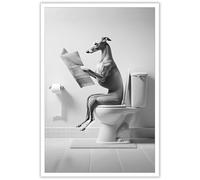 ADRHGCY - Greyhound Funny Posters Animal in Toilet Dog Sitting on Toilet and Reading Newspaper Print Painting for Bathroom Home Bedroom Decor 12x16