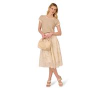 Adrianna Papell Crew Neck Pointelle Wavy Striped Scalloped Edge Sweater In Black Black S