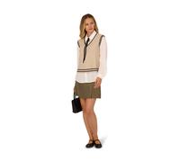 Adrianna Papell Tipped V-Neck Twofer Sweater With Woven Combo And Black Bow In Beige